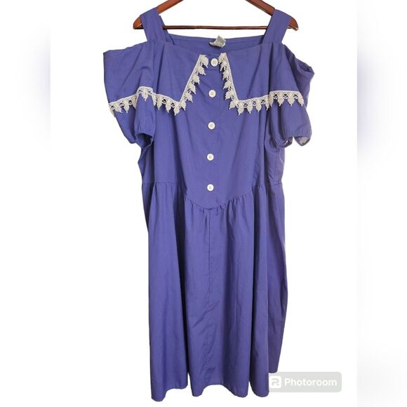 Vintage 80s 90s Cottagecore Purple White Decorative Collar Cold Shoulder Dress - Picture 3 of 7